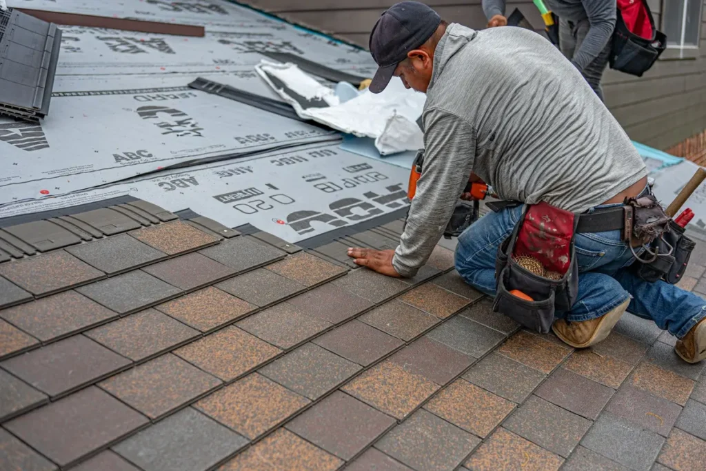 Roofer installing new asphalt shingles on a house roof