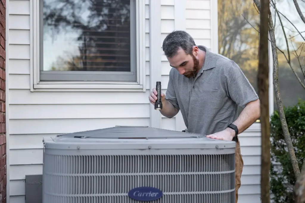 Technician inspecting an outdoor air conditioning unit
